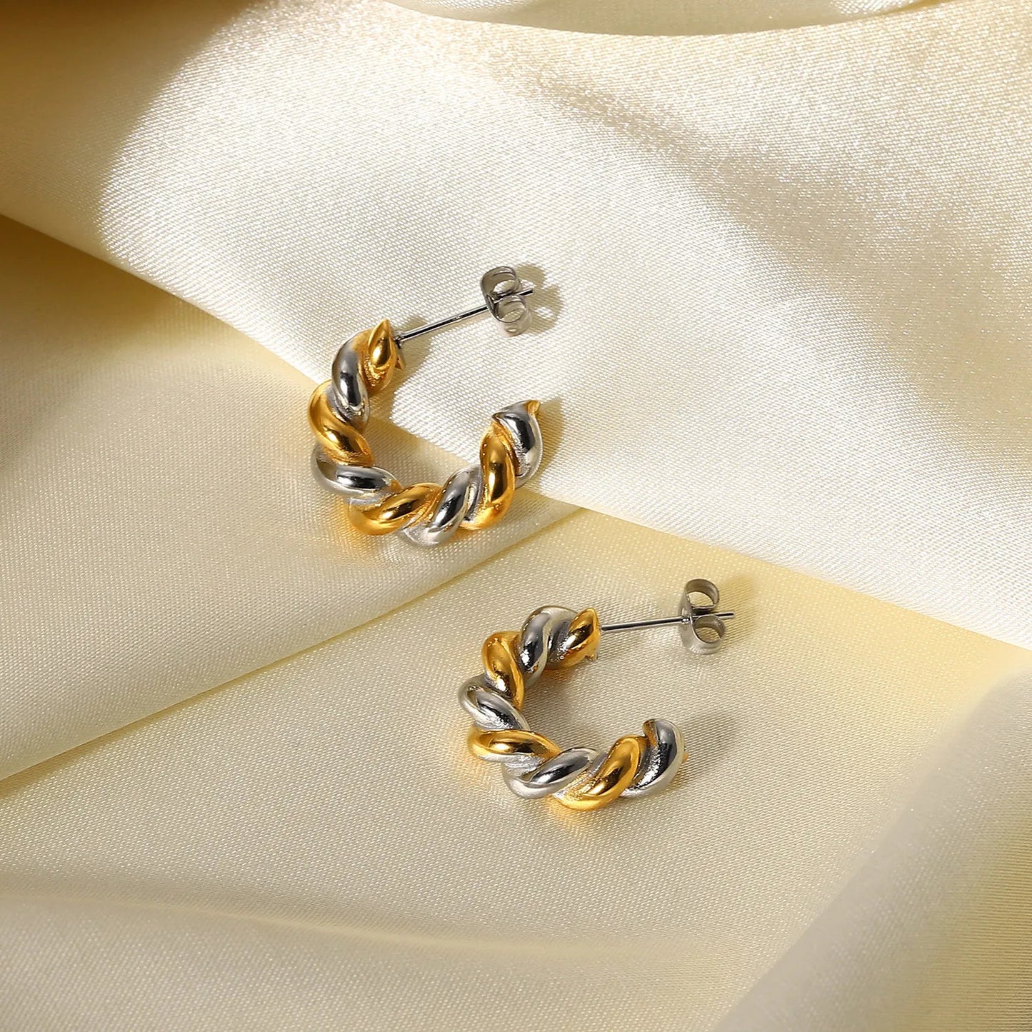 Two Tone C Shape Twist Hoop Earrings