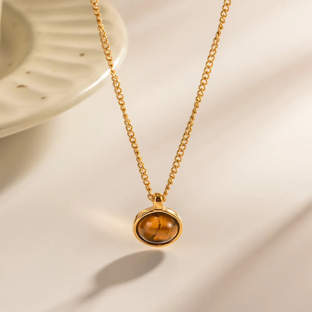 Urban Rani - Tiger Eye Stone Oval Pendant Necklace