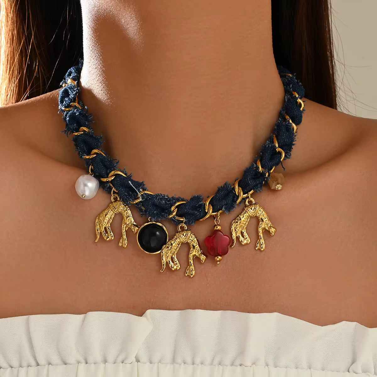 Nimes Denim Charm Choker