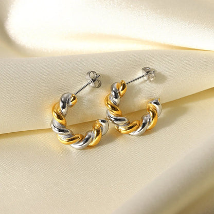 Two Tone C Shape Twist Hoop Earrings