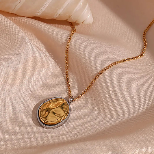 Two Tone Hammered Coin Pendant Necklace