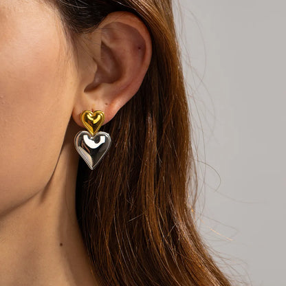 Two Tone Double Heart Drop Earrings