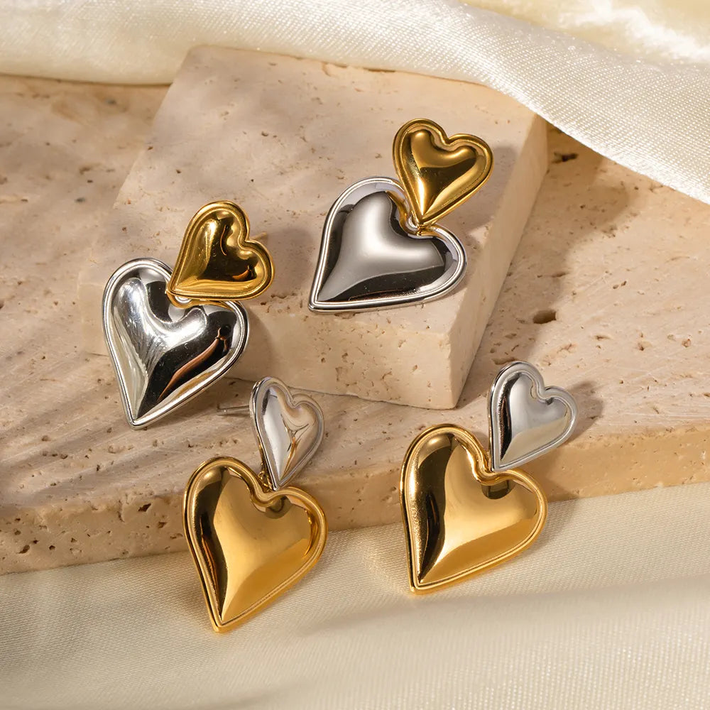 Two Tone Double Heart Drop Earrings - Main Image