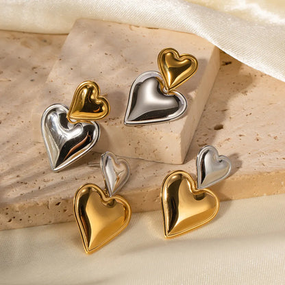 Two Tone Double Heart Drop Earrings