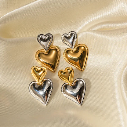 Two Tone Double Heart Drop Earrings