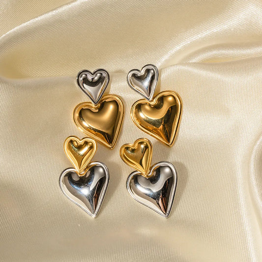 Two Tone Double Heart Drop Earrings