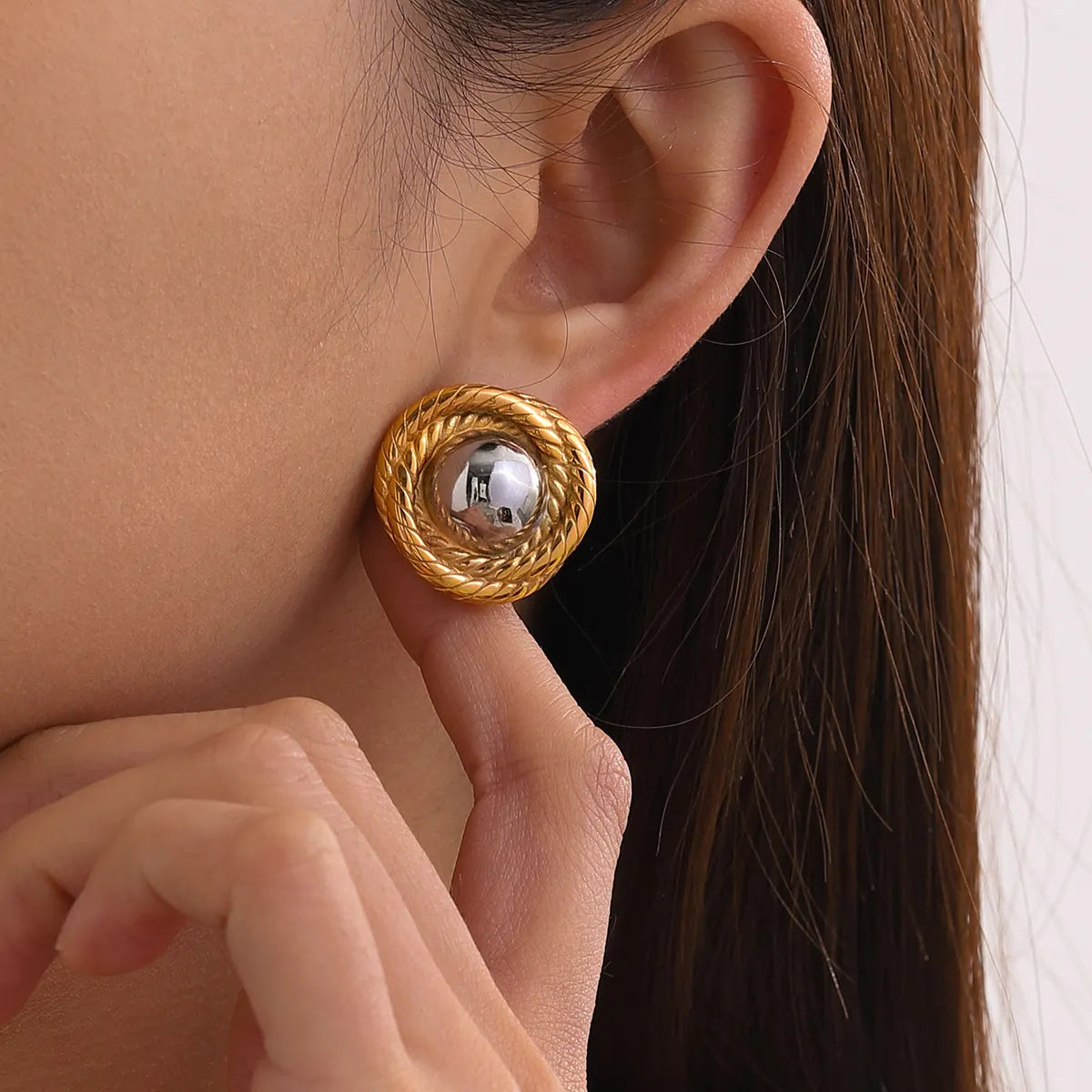 Two Tone Chunky Round Spiral Rope Stud Earrings