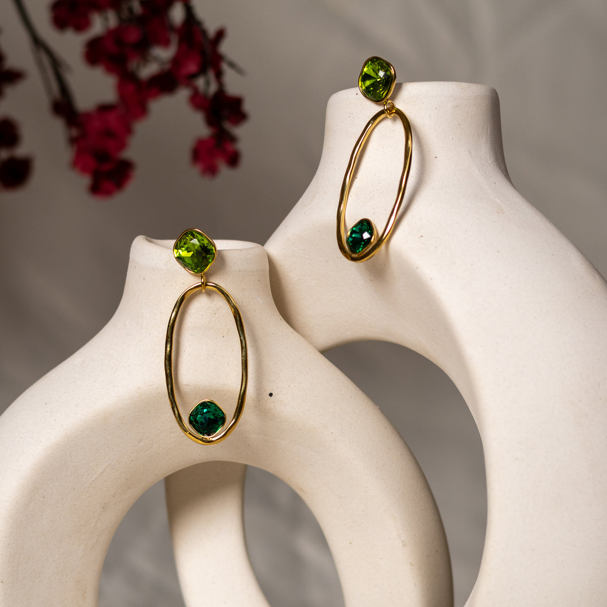 Noorani Drop Earrings – green crystal oval hoop drop earrings in gold