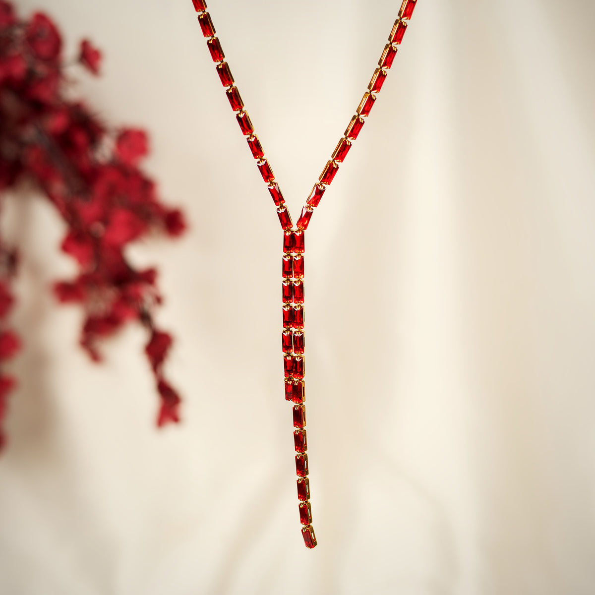 Roshini baguette lariat necklace in ruby red for women – Navera Jewels